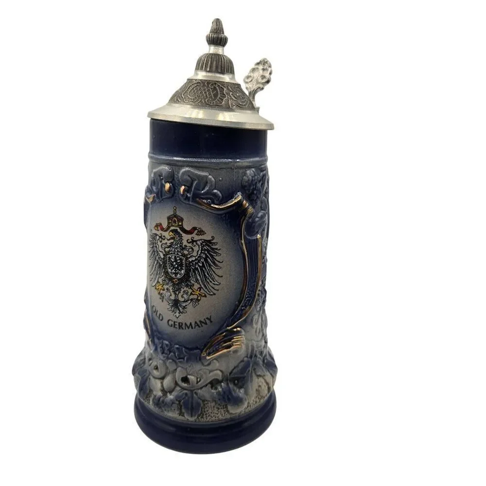 Vintage German Beer Stein Pewter Lid 0.5L Old Germany Blue Gray Armin Bay